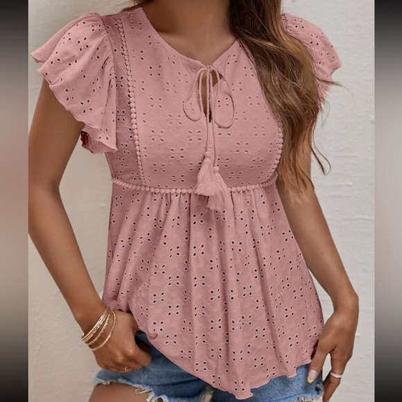 Elegant Peplum Tie Flutter Sleeve Eyelet Embroidered Top Blouse Shirt Dusty Pink - Picture 3 of 15